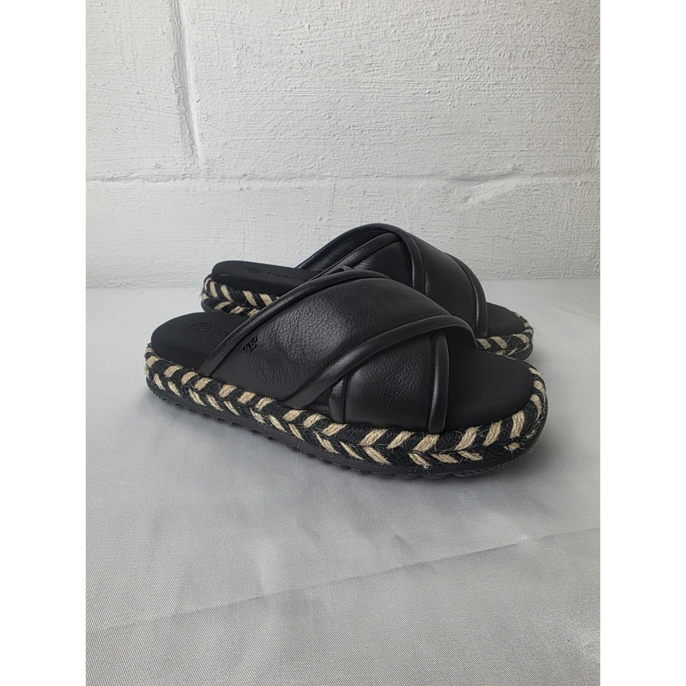Tory Burch Cross Band Espadrille  Slide Leather Sandals SZ 5 Black & Cream